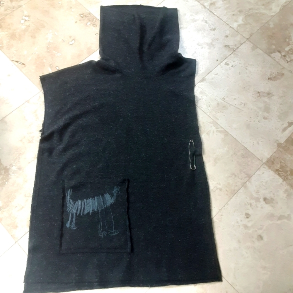 Luukaa Assymetrical Woolen Flannel Serape, Funnel Neck, Patch Pocket